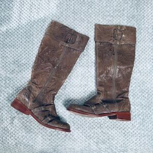VINTAGE GEE WAWA WORN BROWN LEATHER CALF/MIDI BOHO WESTERN BELTED BOOTS 8